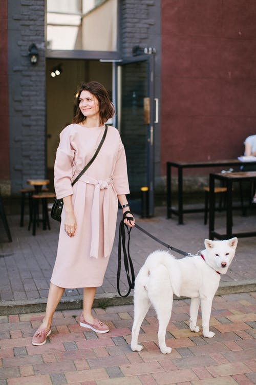站在她的狗旁边的女人穿的衣服的照片 · 免费素材图片