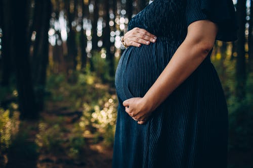 孕妇拥抱腹部而站在森林里 · 免费素材图片