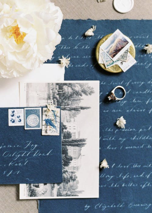蓝色纺织上的白玫瑰 · 免费素材图片