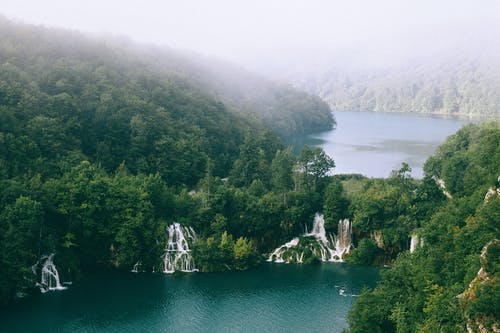 坐骑瀑布与湖附近郁郁葱葱的绿树 · 免费素材图片