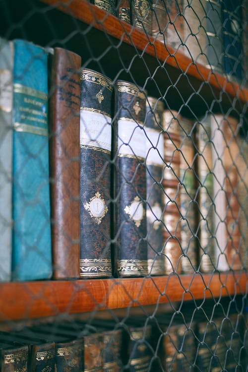 网格栅栏后面的书架上的旧书的集合 · 免费素材图片