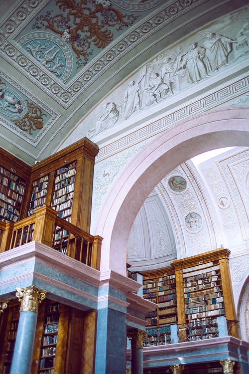 内部的老宫殿，浅浮雕墙和书柜 · 免费素材图片