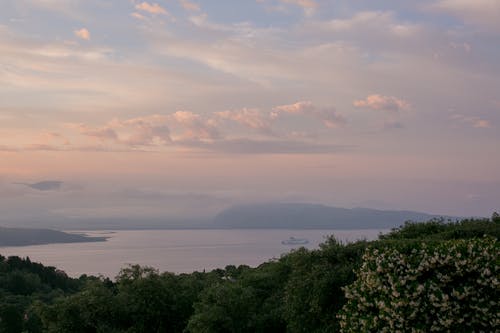 绿色的海滨，与雾山在黄昏 · 免费素材图片