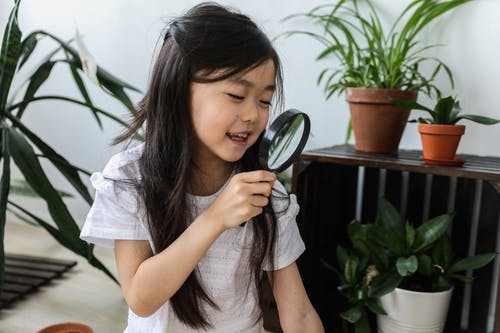 看着放大镜的小快乐可爱的亚洲女孩 · 免费素材图片