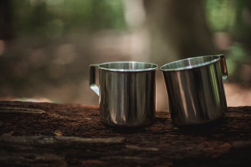 在树林里的树干上的金属杯子 · 免费素材图片