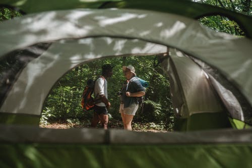 旅行者与背包站在森林里 · 免费素材图片