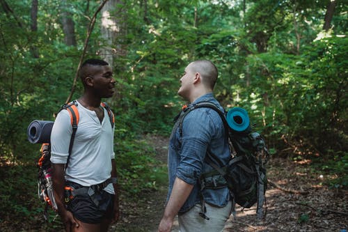 背着背包说话在森林里的形形色色的人 · 免费素材图片