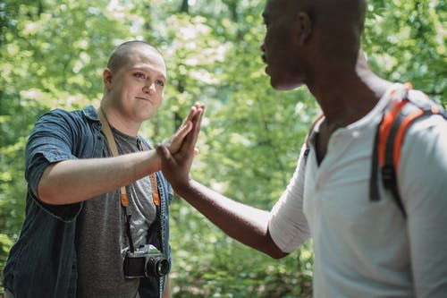 作物多种族的同性恋者在森林里摸手 · 免费素材图片