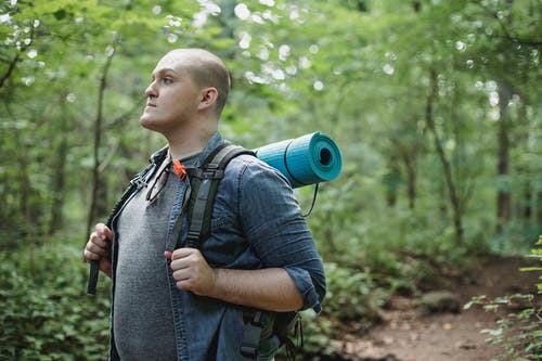 男性丰满的背包客，在树林里徒步旅行装备 · 免费素材图片