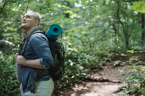 积极的男性徒步旅行者探索森林与背包 · 免费素材图片
