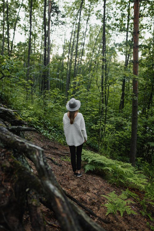 白色外套和黑色的裤子，在森林上行走的女人 · 免费素材图片