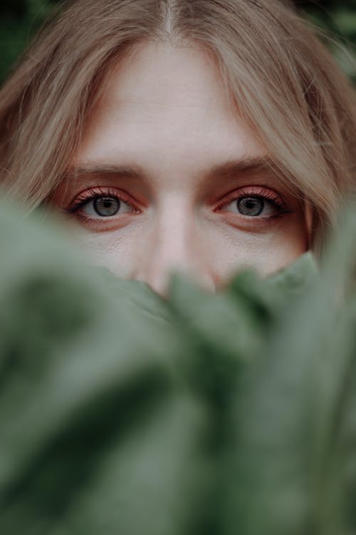 女人脸上布满绿色的树叶 · 免费素材图片