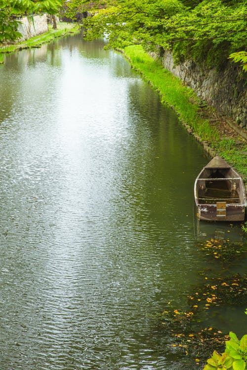 宁静的运河与郁郁葱葱的大自然中的系泊船 · 免费素材图片