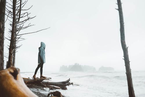站在阴暗的海岸上的匿名女子 · 免费素材图片