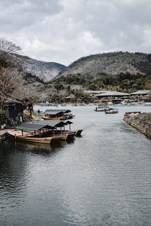 棕色木制船在树木和山附近的河上 · 免费素材图片