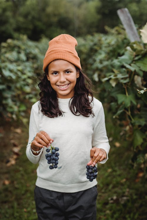 有捆绑的微笑的种族女孩葡萄在葡萄园里 · 免费素材图片