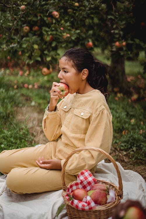 种族的青少年女孩，坐在毯子上，吃苹果 · 免费素材图片