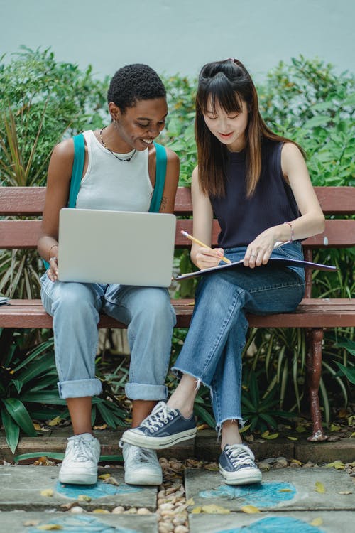 积极多样的女学生，一起在公园里为考试做准备 · 免费素材图片