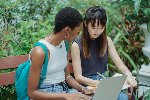 在公园工作的重点多样的女学生 · 免费素材图片