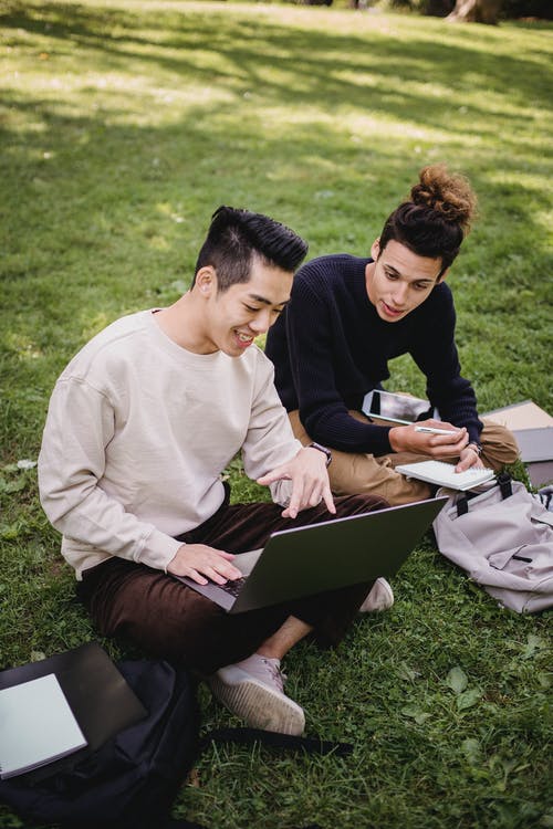 微笑在公园草地上的笔记本电脑上工作的族裔男学生 · 免费素材图片