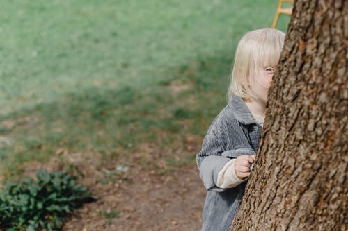 站在棕色树旁边的灰色毛衣的女孩 · 免费素材图片