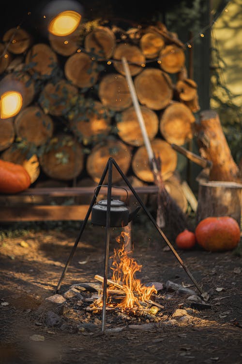 用燃烧的木柴加热水壶 · 免费素材图片