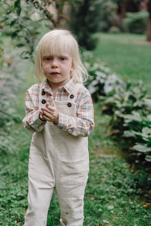 棕色和白色的格子衬衫，站在绿色的草地上的衬衫和裤子的女孩 · 免费素材图片