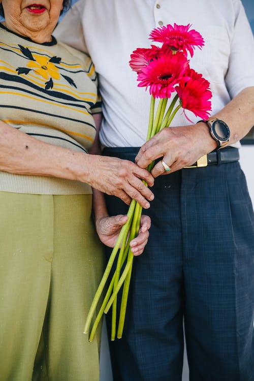老夫妇手捧红色花 · 免费素材图片