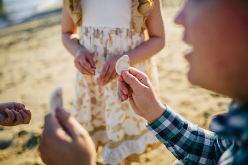 母亲带着她的女儿们玩贝壳 · 免费素材图片
