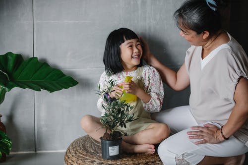 亚洲奶奶爱抚可爱的孙女在家照顾盆栽的植物 · 免费素材图片