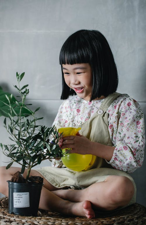 快乐的民族孩子在家里浇水盆栽的植物 · 免费素材图片