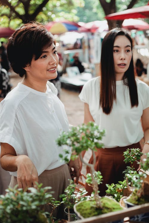 正面亚裔妇女在户外市场上的选择植物 · 免费素材图片