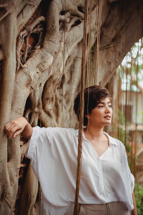 时髦的亚裔女子，靠在树上 · 免费素材图片