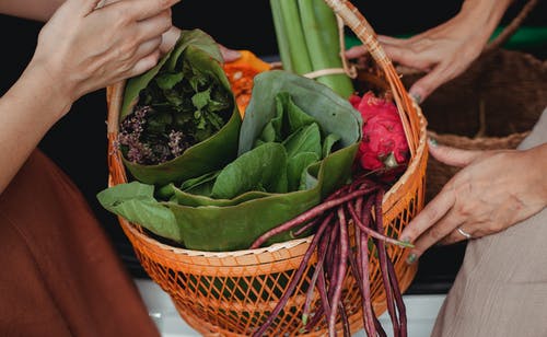 作物显示绿色蔬菜和草药的篮子里的妇女 · 免费素材图片
