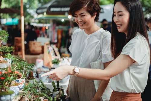 播种在市场中选择室内植物的快乐亚洲妇女 · 免费素材图片