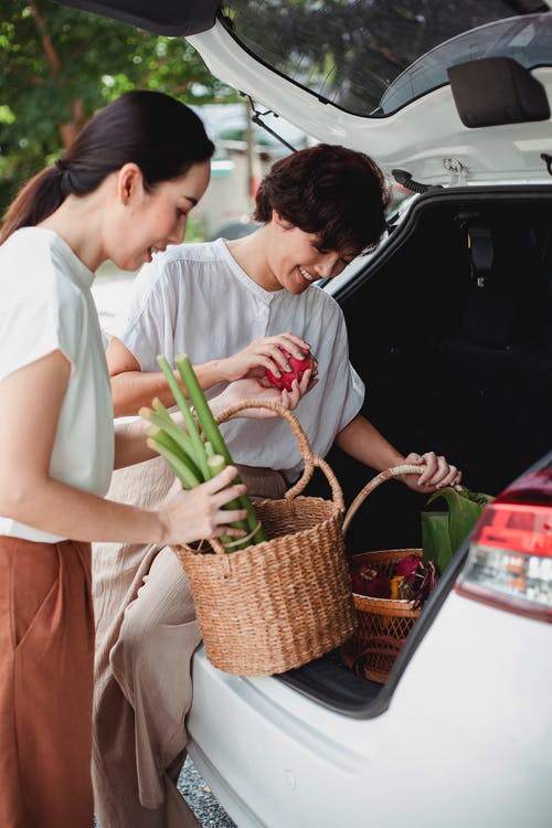 性格开朗的亚洲女同性恋夫妇把蔬菜放在汽车后备箱 · 免费素材图片