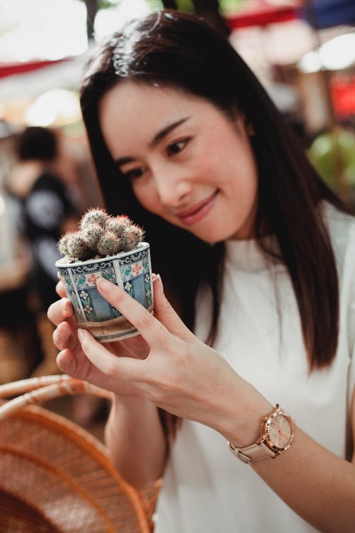 性格开朗的亚裔女子和小盆栽仙人掌在市场上 · 免费素材图片