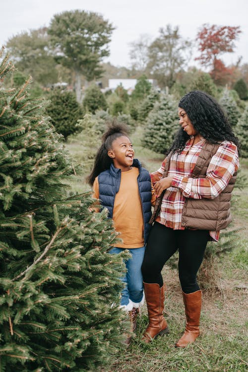 快乐的黑人母亲和女儿站在枞树附近 · 免费素材图片
