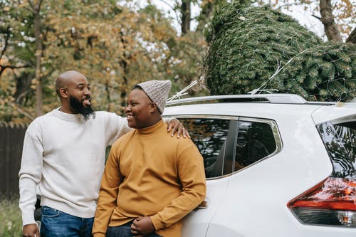 性格开朗的大胡子的黑人父亲拥抱青少年在农村附近的车 · 免费素材图片