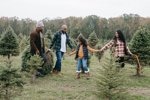 性格开朗的黑人家庭与自然的圣诞树 · 免费素材图片