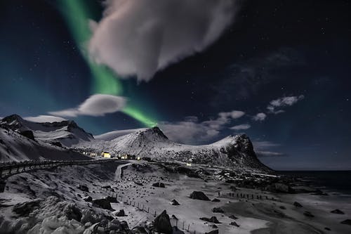 北极光在繁星点点的夜晚，在海边的雪山上 · 免费素材图片