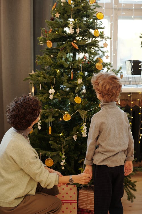 妈妈和儿子看着圣诞树 · 免费素材图片