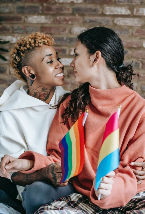 开朗的多种族女同性恋夫妇在家举行lgbt标志 · 免费素材图片