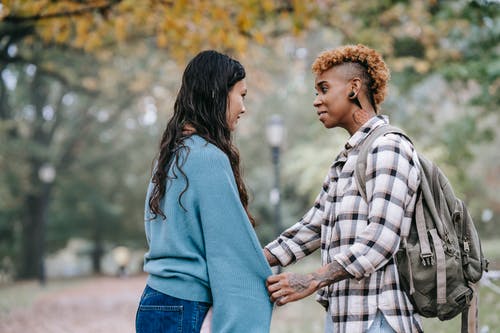 微笑的黑人女同性恋妇女在公园拉扯女朋友 · 免费素材图片