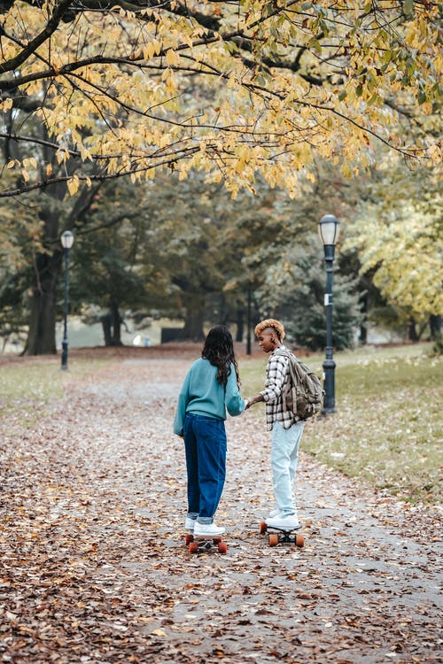 多种族的同性恋夫妇在秋天公园享受积极的爱好 · 免费素材图片