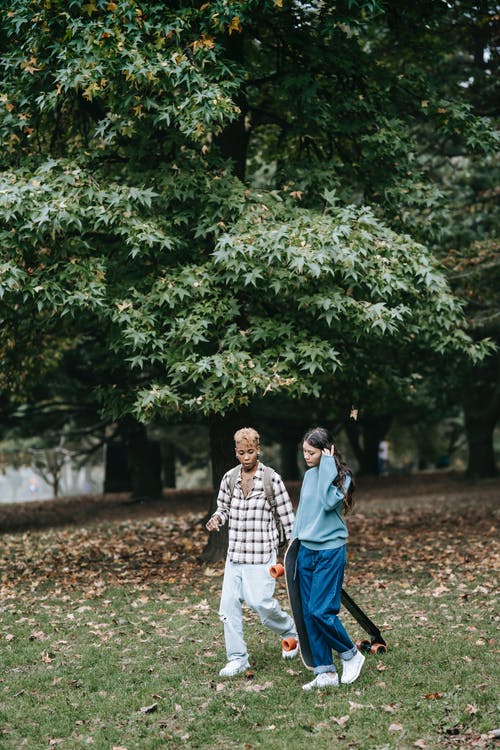年轻的多种族女同性恋夫妇在长板公园散步 · 免费素材图片