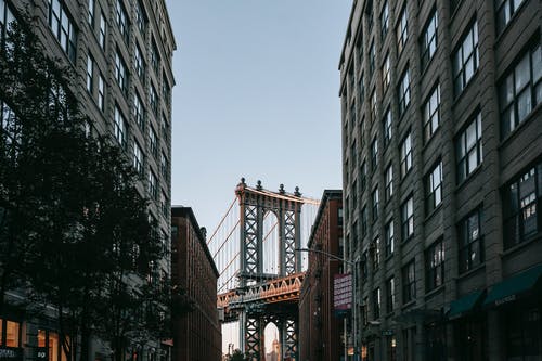 悬索桥与经典建筑街后 · 免费素材图片