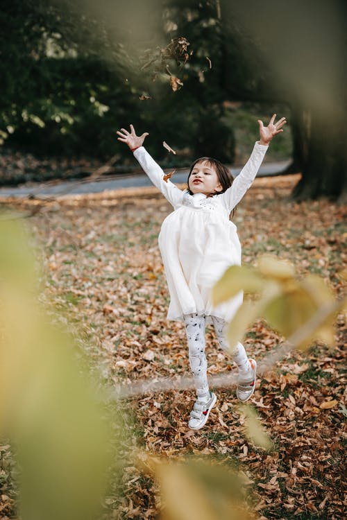 快乐的小女孩，在公园里扔树叶 · 免费素材图片
