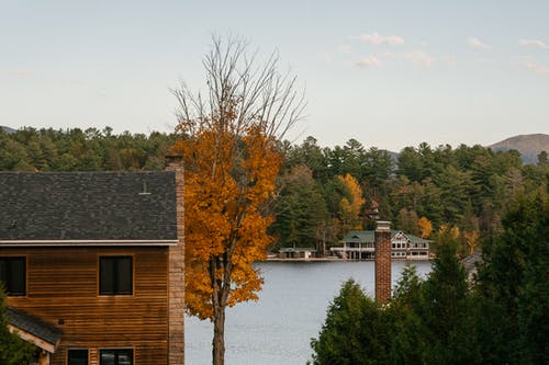 郁郁葱葱的秋天森林包围的湖岸上的木屋 · 免费素材图片