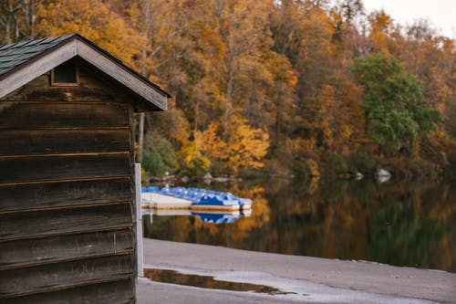 小木屋放在秋天的树林中平静的湖面附近 · 免费素材图片